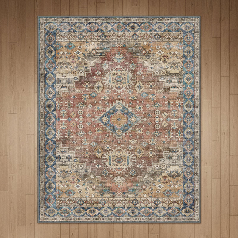 Oriental Neutral Vintage Distressed Machine Washable Non-Slip Red / Beige Indoor Rug, Rectangle 9' x 12', Red