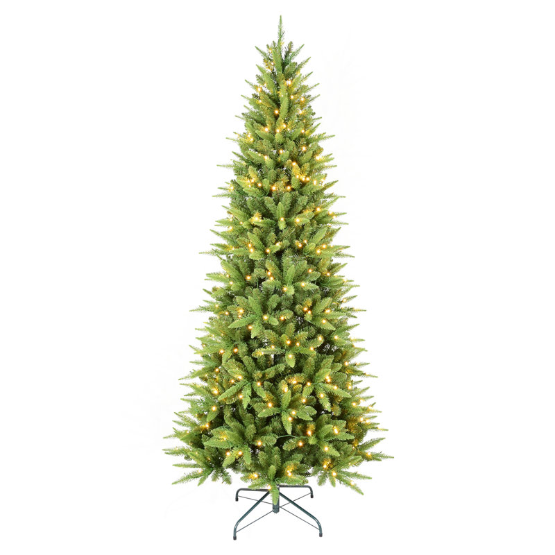 Arbre de Noël mince de 8 pi avec 500 lumières DEL blanc chaud - 1612 pointes en PE + PVC, conception à charnières peu encombrante, installation facile, support en métal robuste - arbre à crayons réaliste pour les petits espaces