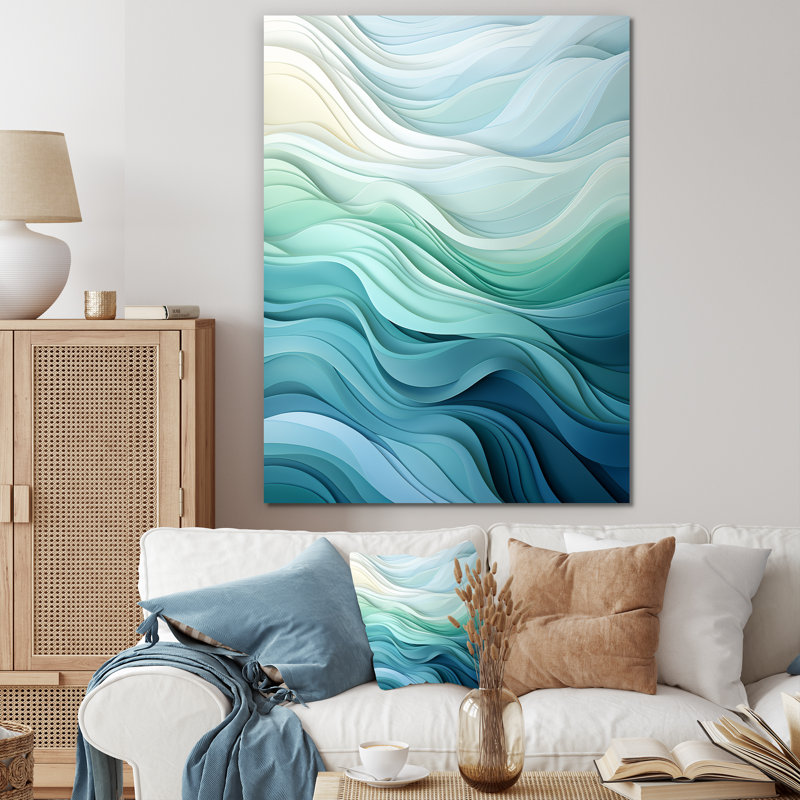 «Gree And White Sway Wave Serenity III», art mural géométrique, Toile tendue, 44" H x 34" W