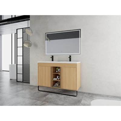 Ensemble de meuble-lavabo autoportant 48 po avec double lavabo en résine, porte à fermeture en douceur 2 et support de rangement à 3 ouvertures, emballage KD, contreplaqué