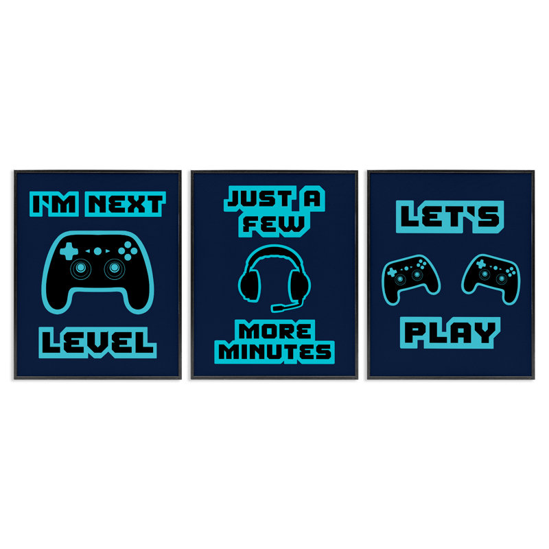 Ensemble de giclées encadrées 3 pièces Retro Blue Gaming Words, design par Marcus Prime, H 30 po x l 24 po