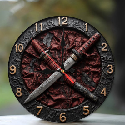 Horloge avec épées sur tissu rouge