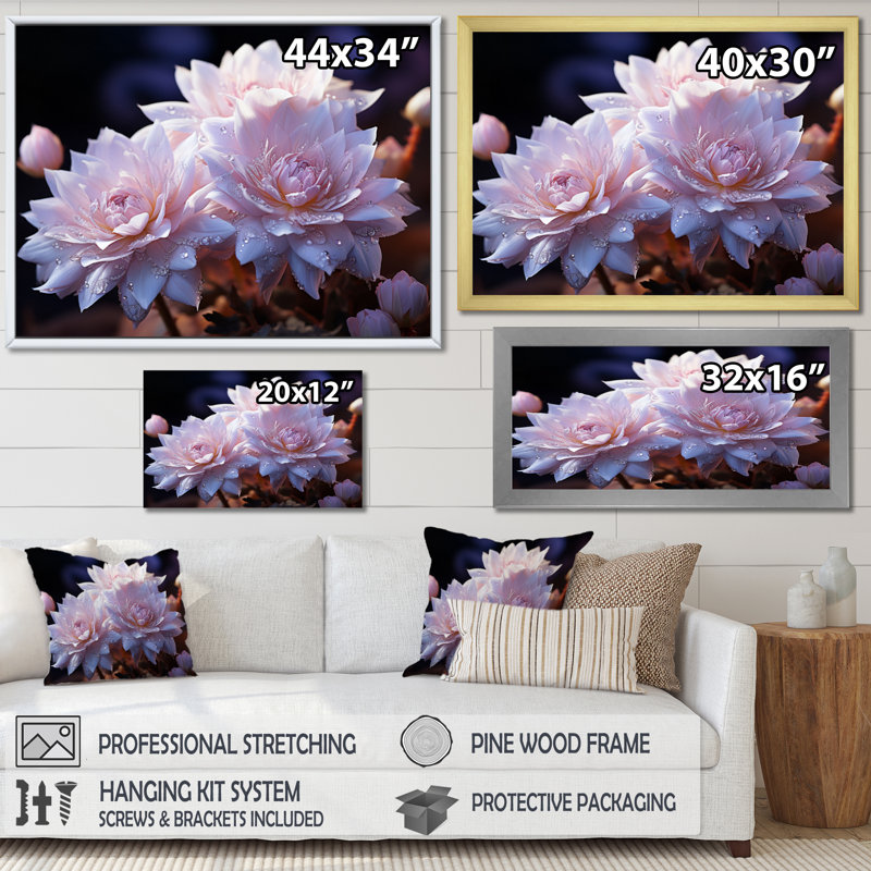 «Pink Cactus Desert Moonlight Moon I», reproduction sur toile, Cadre flottant doré, H 16 po x l 32 po x P 1 po