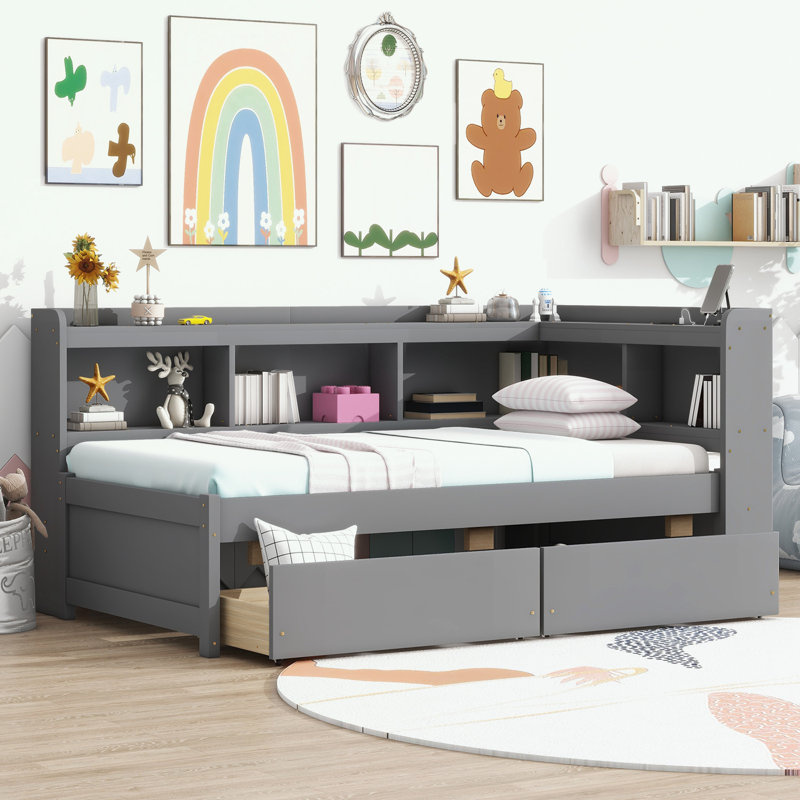Bookcases Bed with Power Outlets, USB Charging Ports and Two Drawers, Gray, Twin