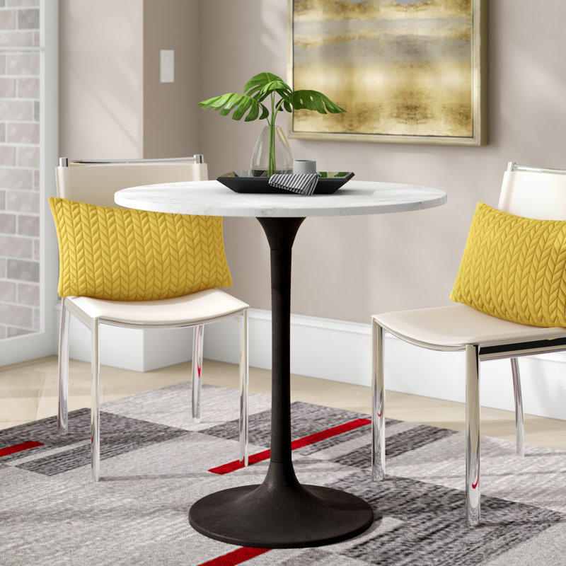 Table de salle à manger élégante à plateau rond en marbre blanc de 40 pouces avec base piédestal compacte, Noir, Blanc