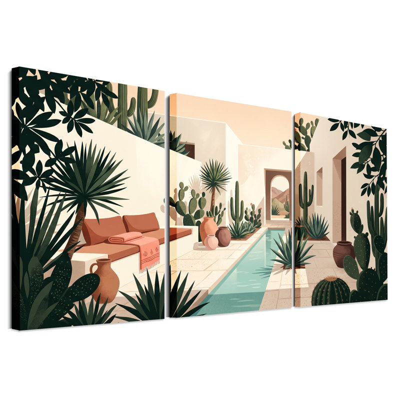 «Desert Cacti and Agave in Courtyard», ensemble de 3 toiles sur toile, H 24 po x l 16 po x 3 pièces