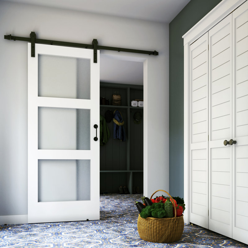 Porte de grange en verre et bois peint sans trousse de quincaillerie d'installation, 36 po x 84 po