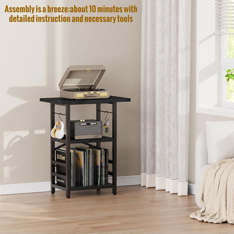 Modern Record Player Stand With Extended Desktop, Vinyl Storage, And Display Shelf For Music Room Or Studio