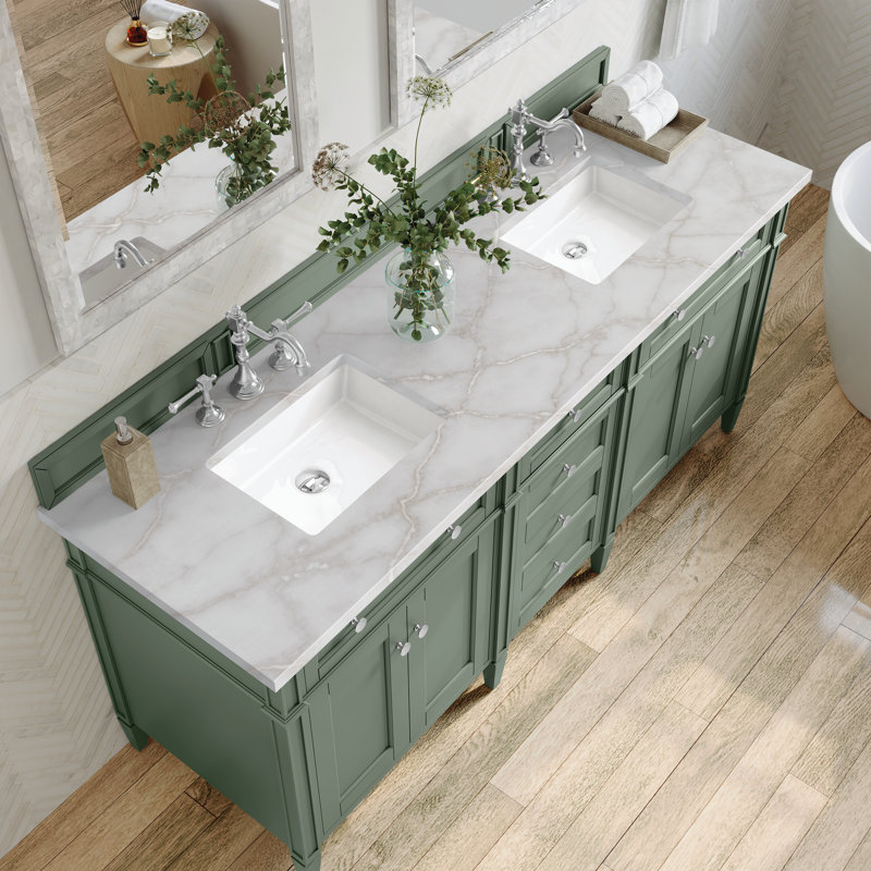 Meuble-lavabo double l 72 po Dussault, Céladon fumé, Argent victorien, 8 po