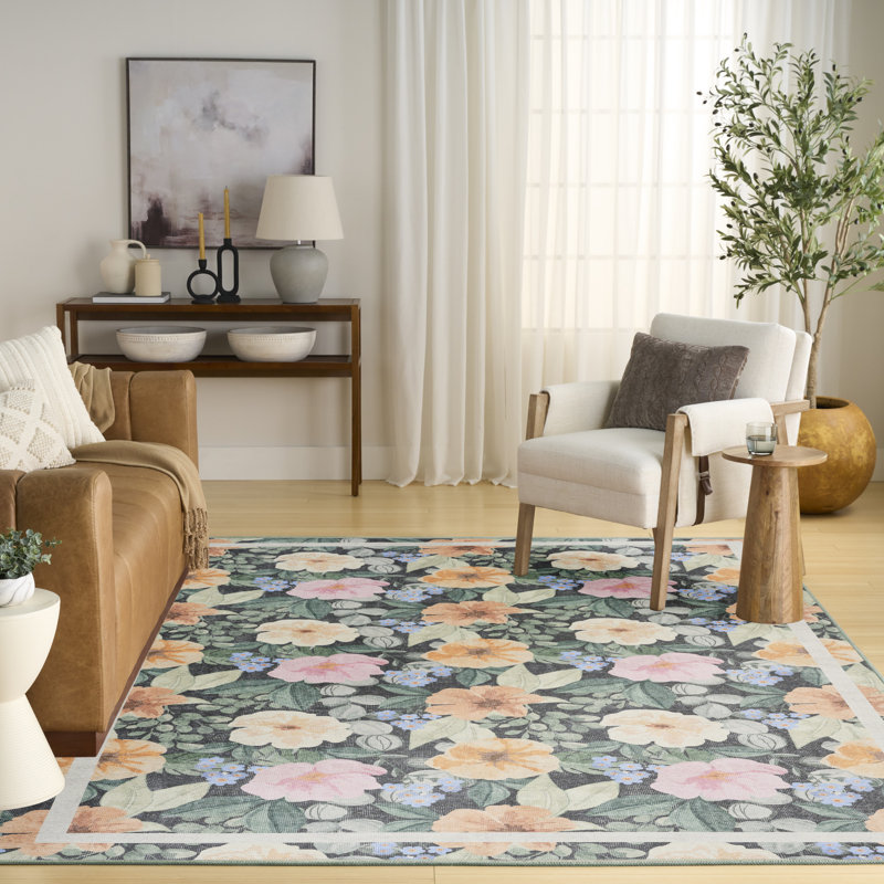 Tapis gris anthracite multicolore 4 pi x 6 pi Nourison Botanical Washables, Gris anthracite multicolore, Rectangle 4pi x 6 pi