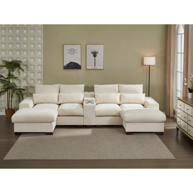 Canapé modulaire moderne avec console, port de charge USB, lampe de lecture, porte-gobelet, Tissu beige