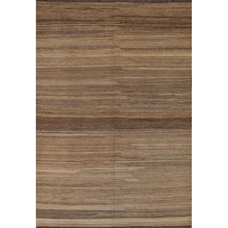 Tapis crème / brun en laine noué à la main de conception unique 5 pi 1 po x 6 pi 6 po New Age