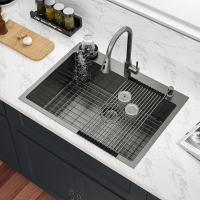 Station de travail d'évier de cuisine à cuve simple en acier inoxydable 304 avec laveuse à tasses L 33 po x l 22 po