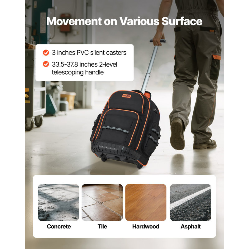 Sac à dos à roulettes, capacité de charge de 110 lb, sac à roulettes robuste à roulettes 45 po, poignée télescopique réglable et base stable, organisateurs de sac à outils pour la construction, mécanicien