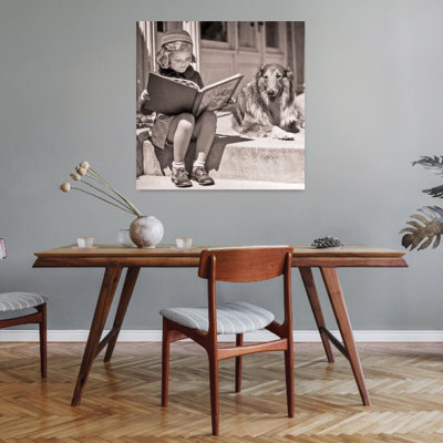 1930S Engrossed Little Girl Outdoor Reading Big Book Sitting Next To Rough Collie Dog Looking At Camera Classic Retro Vintage Dog Portrait Wall Art