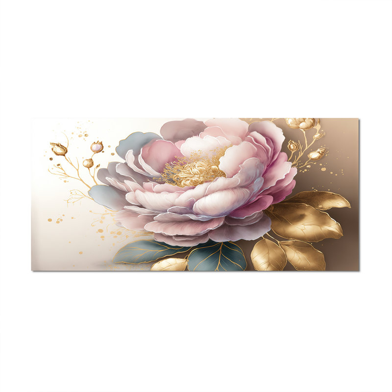 Fleur de camélia rose et or II - impressions encadrées de camélia, H 28 po x l 60 po