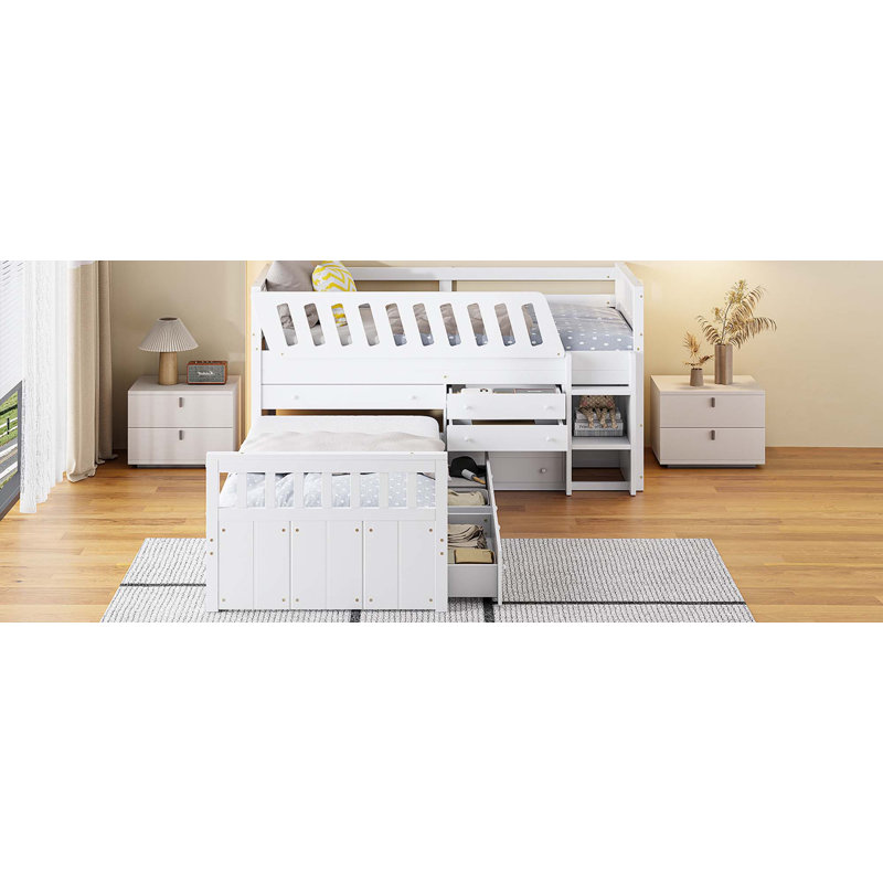 Lit mezzanine en forme de L avec 7 tiroirs et garde-corps complets, Blanc