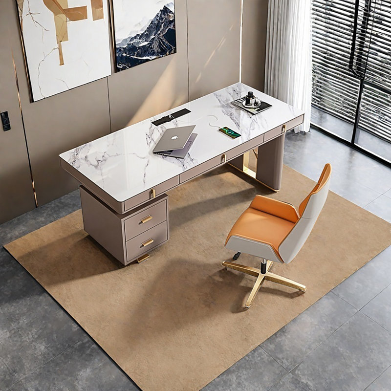 Beige Rectangular Sintered Stone Desk,5-Solid Wood drawer