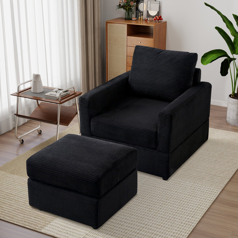 Chaise longue d'appoint à accoudoirs carrés avec repose-pieds en velours côtelé, Noir, noir, noir, noir