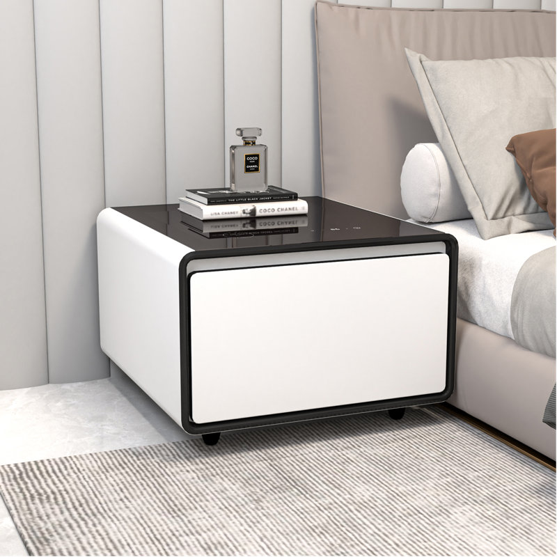 Smart End Table with Fridge and Built-In Outlets, White/Black
