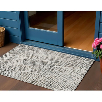 3' X 5' Ivory Charcoal And Beige Geometric Washable Indoor Outdoor Area Rug