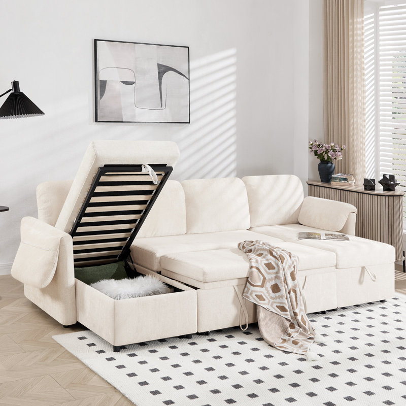 Canapé-lit modulaire en U rembourré de 108 po avec ports USB et poches de rangement, Tissu blanc