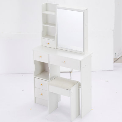 Petit meuble-lavabo de 29,2 po avec tabouret de bureau et tabouret rembourré, très grand miroir coulissant à droite, rangement multi-couches à grande capacité, commode pratique et pratique, convient aux petits espaces