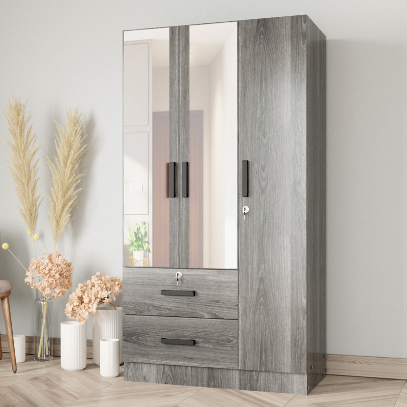  Wardrobe Armoire Closet With Two Convenient Mirrors Placed On The Doors & Two Drawers, Grey