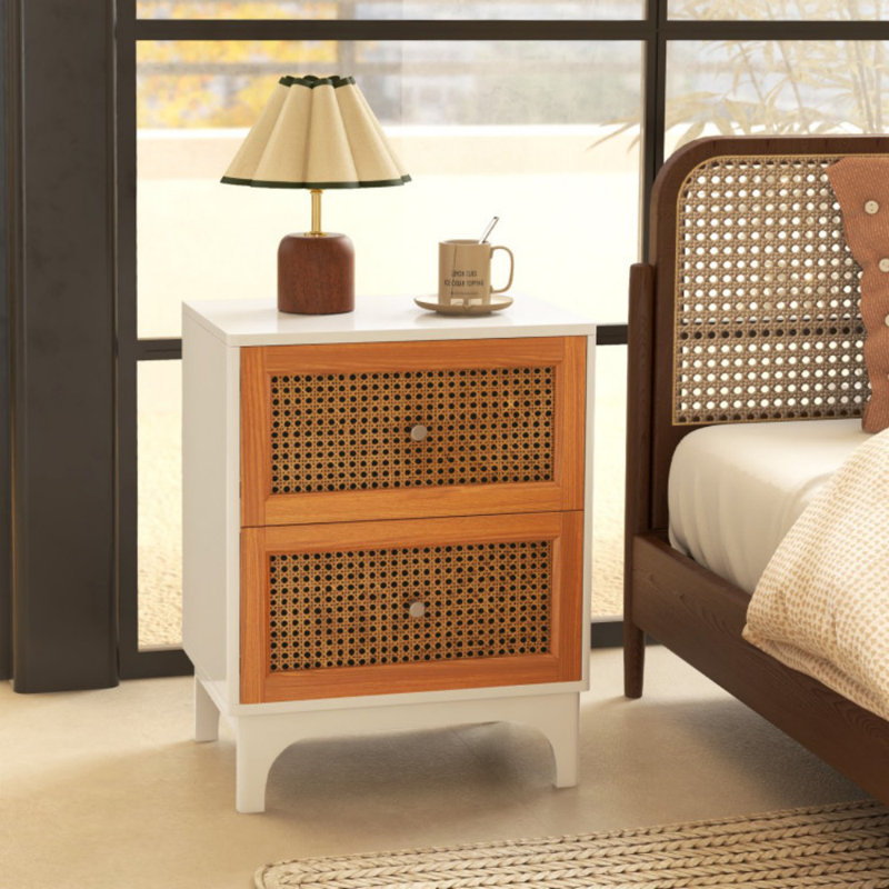 Boho Accent Table Nightstand with 2 Handwoven Rattan Decorated Drawers
