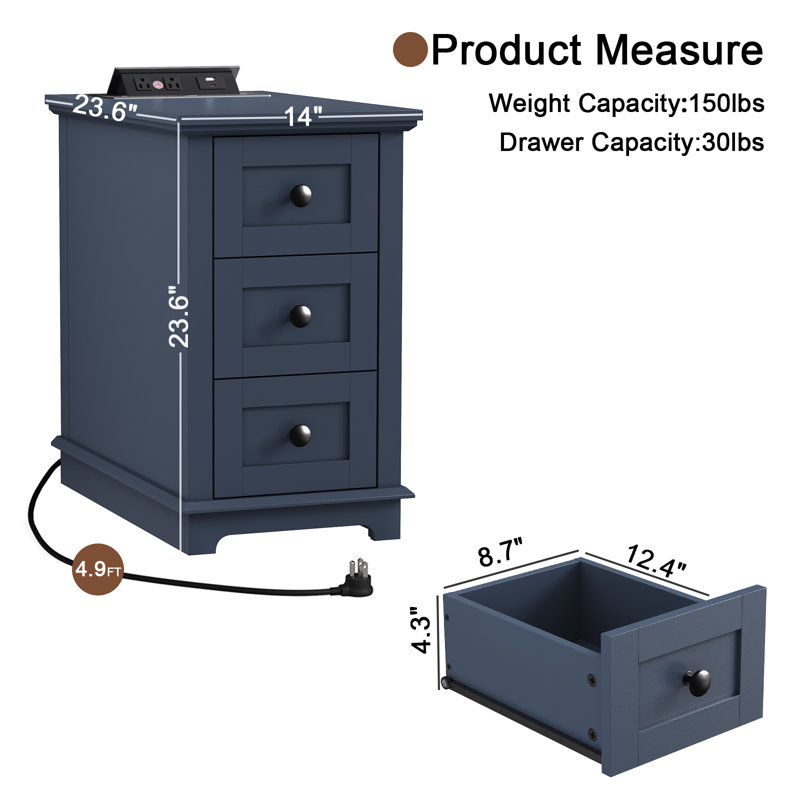 3 Drawers Sets End Tables with Storage and Fast Charging Station, Blue Top/Blue Base, 2