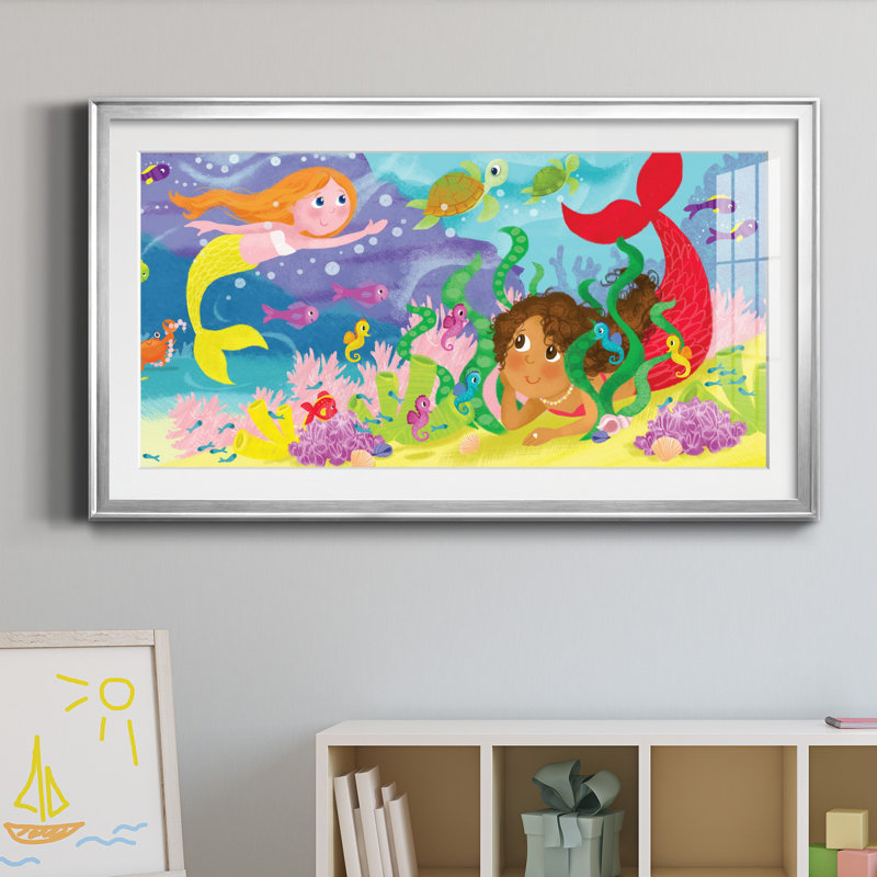 «Mermaid Play III», reproduction d'art encadrée de qualité supérieure, prête à être accrochée, Cadre argenté