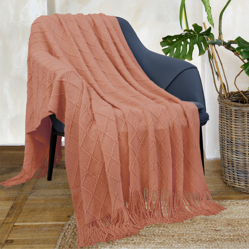 Coral Orange Knit Fleece Throw Blanket with Fringe Tassels