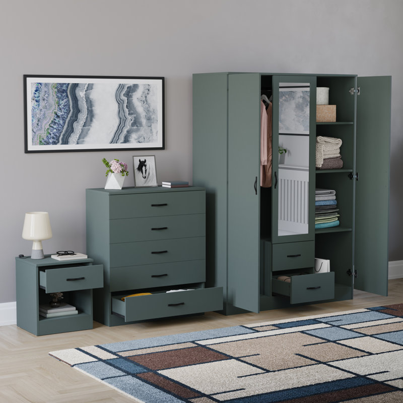 Maybery 3 Piece Bedroom Set (1 Drawer Bedside Chest, 5 Drawer Chest, 3 Door 2 Drawer Mirrored Wardrobe), (5), Green