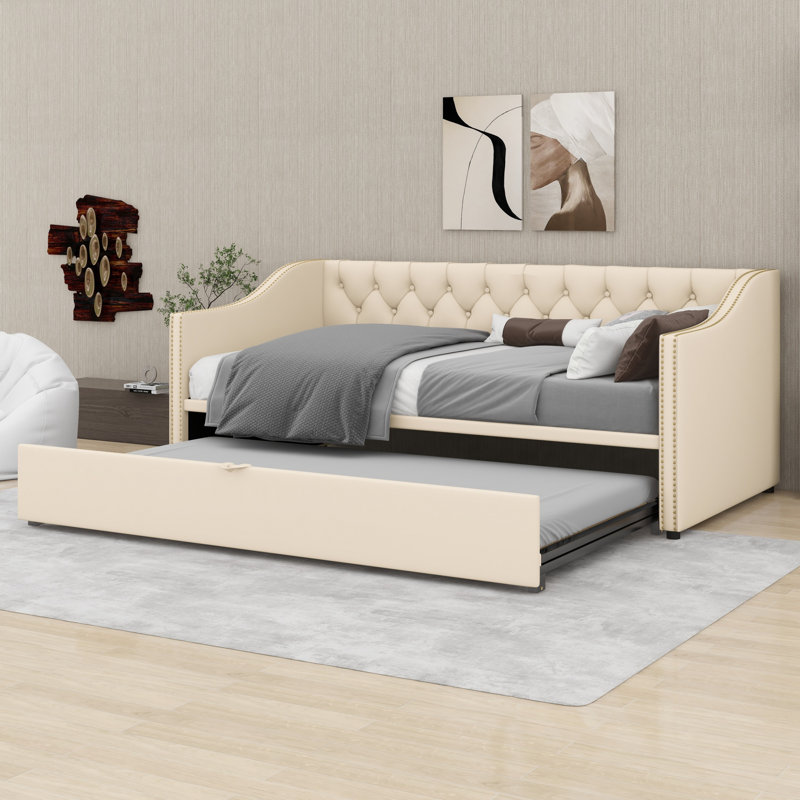 Lit de jour rembourré avec lit gigogne, Beige