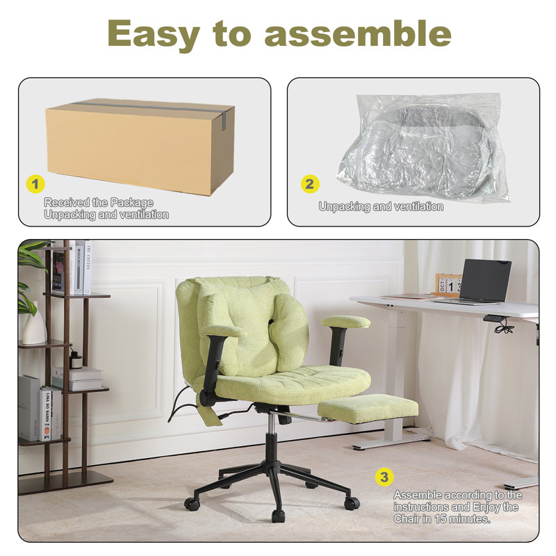 Criss Cross Legged Home Office Chair With Flip-Up Butterfly Back, Wide Seat Desk Chair With Flip-Up and Adjustable Arms, Wheels and Airbag Lumbar Support, Modern  Chair For Home Office (LIGHT GREEN)