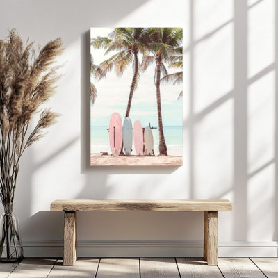 1 pièce, impression sur toile encadrée, plage tropicale, planches de surf et cocotiers, décoration murale de style frais et naturel, parfaite pour la décoration de chambre salon chambre bureau cuisine salle de bain décor à la maison, cadeau de décoration murale idéal pour la maison, plat 2d