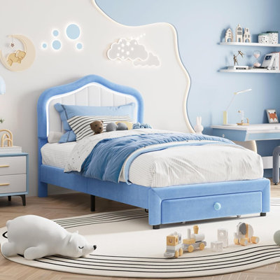 Upholstered Twin XL Bed Frame with Led Lights and Storage Drawer, Cute Velvet Led Bed Frame with Headboard for Kids, Girls, Boys, No Box Spring Needed, Wooden Slats, Noise Free, Blue