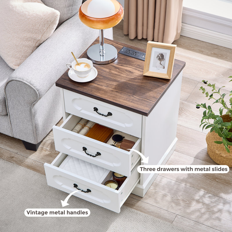 Farmhouse 3 Drawer Dresser for Bedroom with Charging Station, Rustic Small Drawers Dressers Nightstand, White