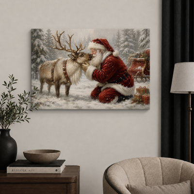 Santa and Reindeer Christmas Holiday Artwork, Living Room Pictures, Framed Canvas Giclee Print Wall Art