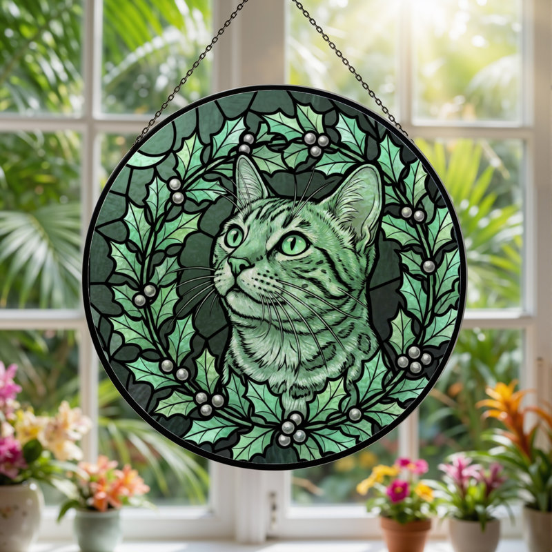 7.8"H Cat Holly Stained Glass Window Panel, 7.8" H x 7.8" W