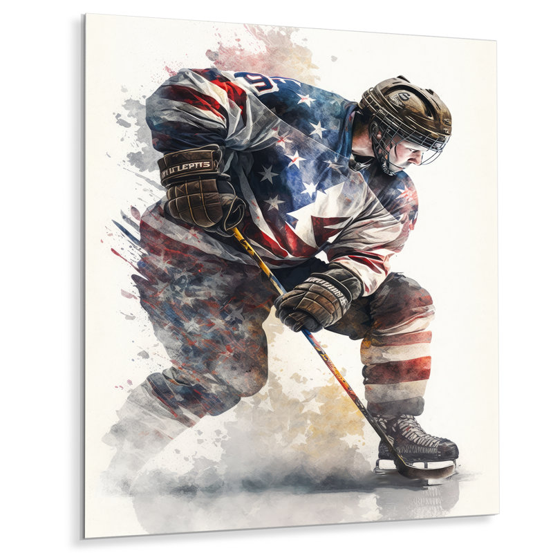 Joueur de hockey américain en action V - Décoration murale moderne en métal, H 32 po x l 16 po x P 1 po