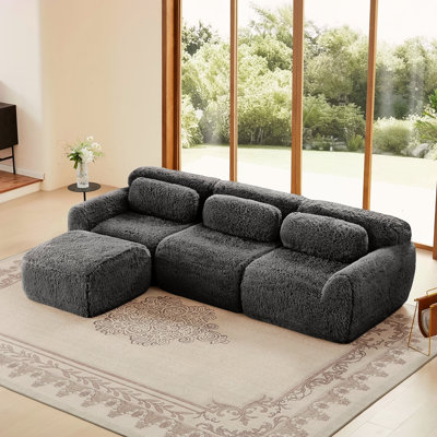 Tissu en L doux et moelleux en forme de L, canapé sans os, avec coussins décoratifs, éponge haute densité 32D, aucun assemblage requis au bas, connexion à boucle antidérapante, repose-pieds mobile pour le salon