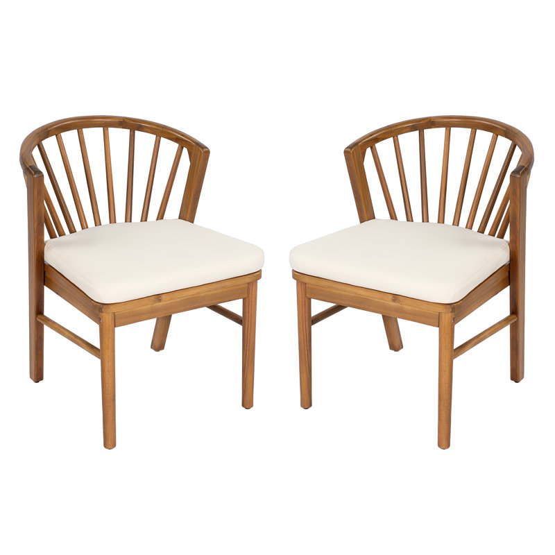 Ensemble de 2 chaises de salle à manger d'extérieur, chaises de patio en bois d'acacia avec coussin lavable crème, pour cour, bord de piscine, jardin, teck