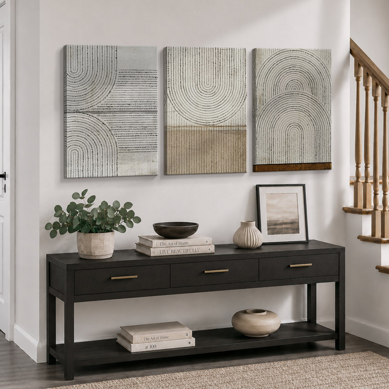 «Mid Century Modern Boho», motif géométrique de lignes géométriques abstraites, images neutres douillettes abstraites, ensemble de 3 impressions encadrées, impression numérique sur toile, impression numérique sur toile