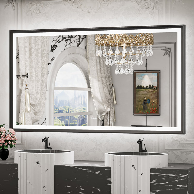 Miroir de salle de bain DEL rétroéclairé New Rockford, 60 po x 36 po, Noir, Rectangulaire