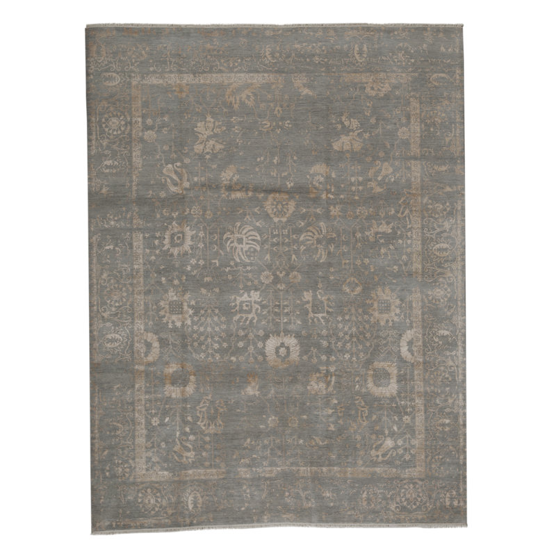 Tapis gris clair et orange noué à la main de haute qualité