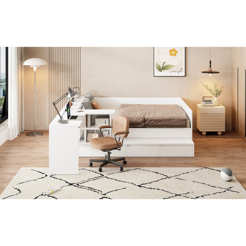 Lit plateforme double en blanc, enceinte à trois côtés pour bureau d'ordinateur portable en bois avec finition blanche, 2 1 fonction et meuble-lavabo, 4 tiroirs