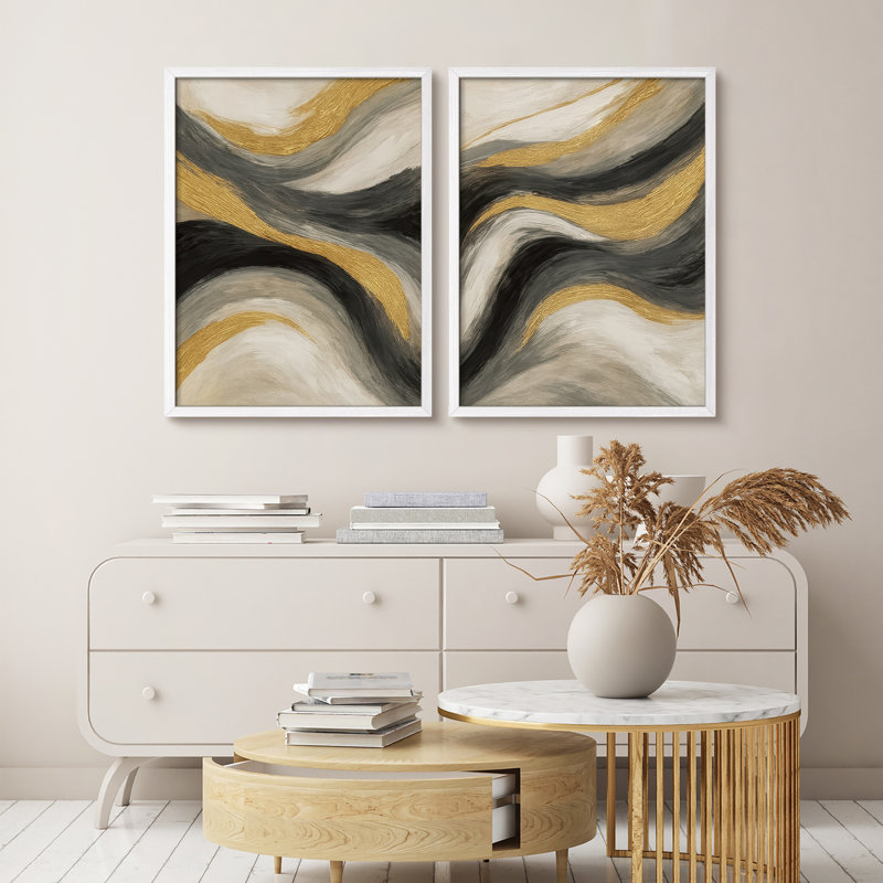 Ensemble de 2 reproductions d'art abstrait doré et gris, H 14 po x l 22 po, Blanc