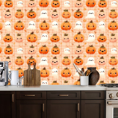 Papier peint adhésif autocollant à carreaux citrouille d'Halloween fantôme à carreaux amovible amovible pour les armoires de cuisine de chambre à coucher 17,7 po x 118 po