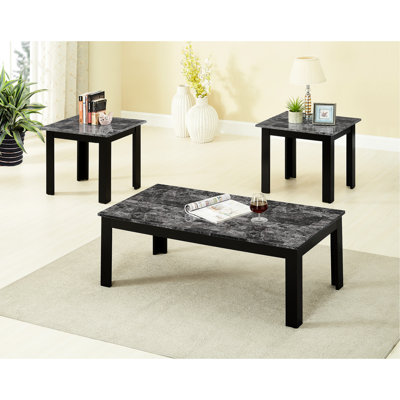 Table 3 pièces de style traditionnel, tables basses rectangulaires et carrées, dessus en faux marbre, aspect bois gris, ensemble de dépliants pratiques, finition, manuel